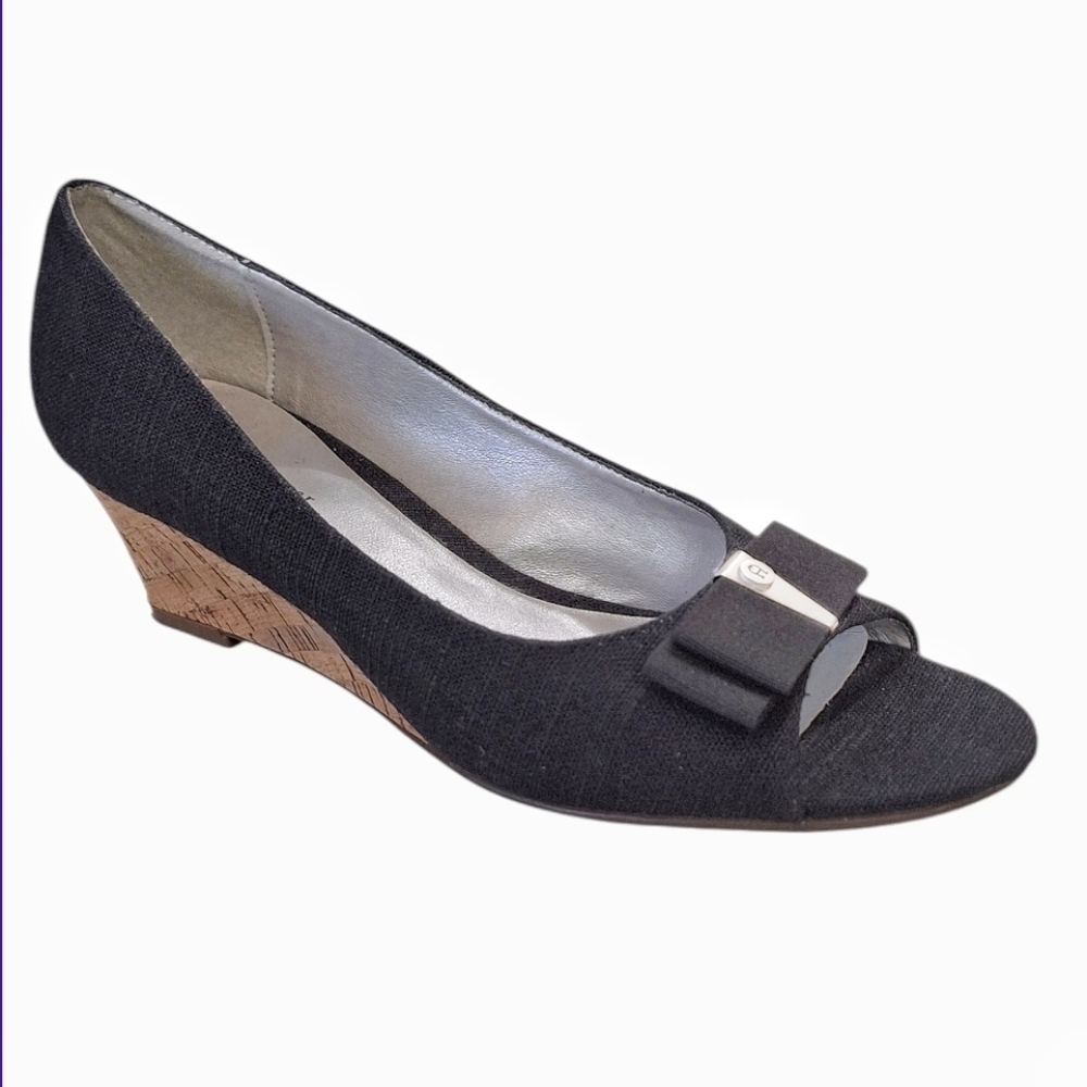 Etienne Aigner Black Fabric Peep Toe Wedge Pumps Bow Detail 9
